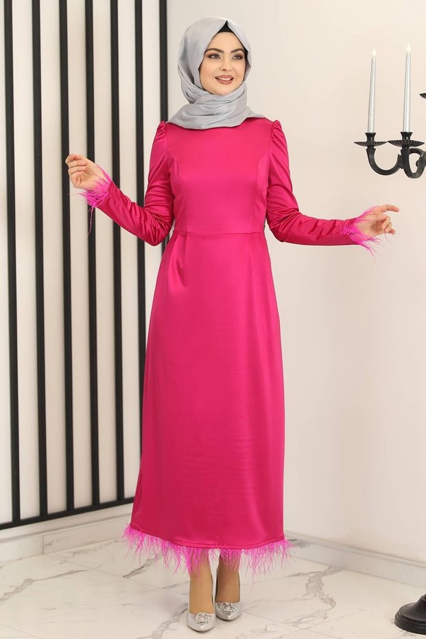 Feather Detail Satin Pencil Evening Dress Fuchsia - Design - Fsc3016
