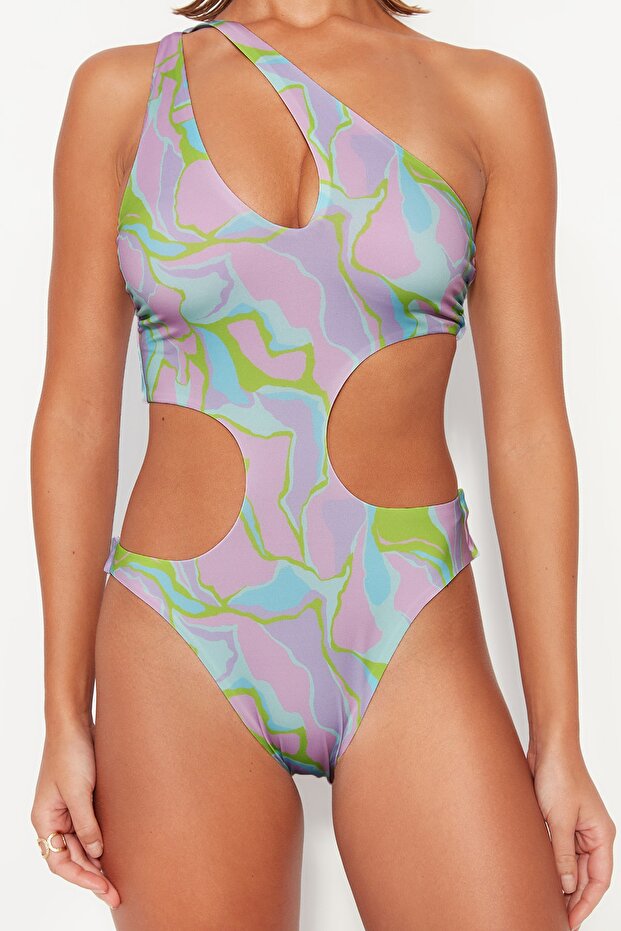 Soyut Desenli Tek Omuz Cut Out Detaylı Normal Paça Mayokini TBESS23MA00002 - 4