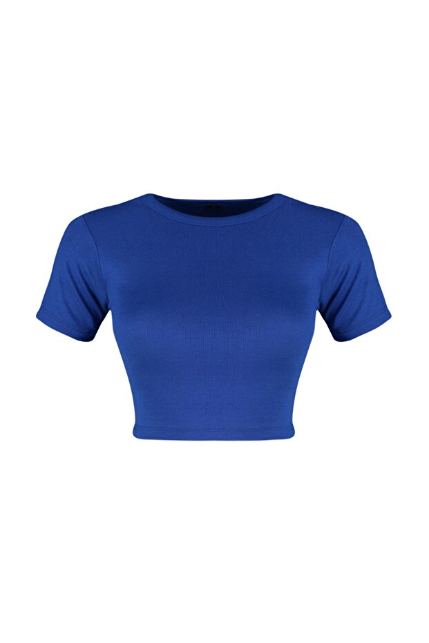 Saks-Ekru Saks Çizgili 2'li Paket Viskoz/Yumuşak Kumaş Crop Esnek Örme Bluz TWOSS23BZ00194 - 7