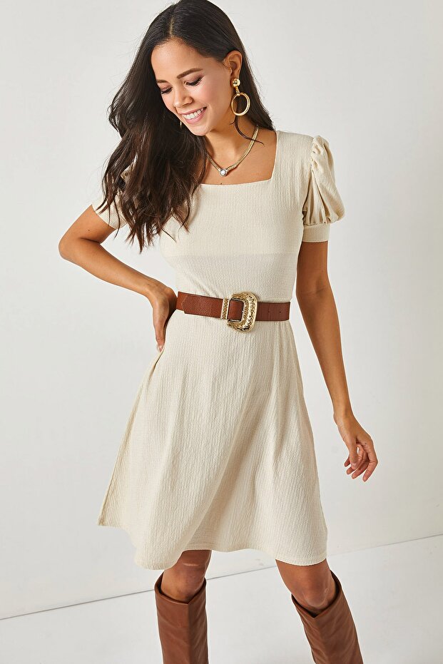 Women's Stone Balloon Sleeve Square Collar Flared Dress ELB-19001843