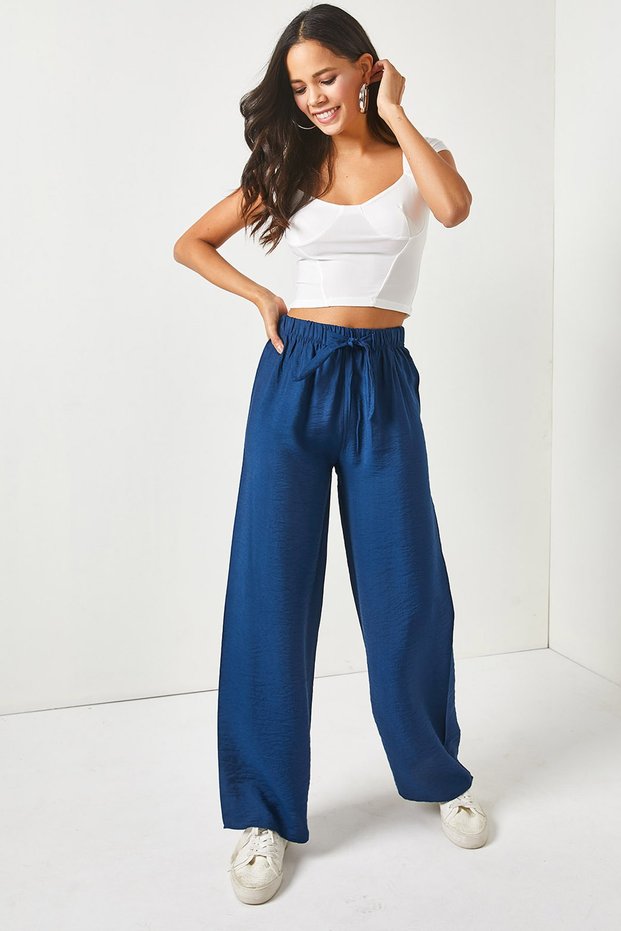 Women's Navy Blue Belted Elastic Waist Palazzo Ayrobin Trousers PNT-19000200