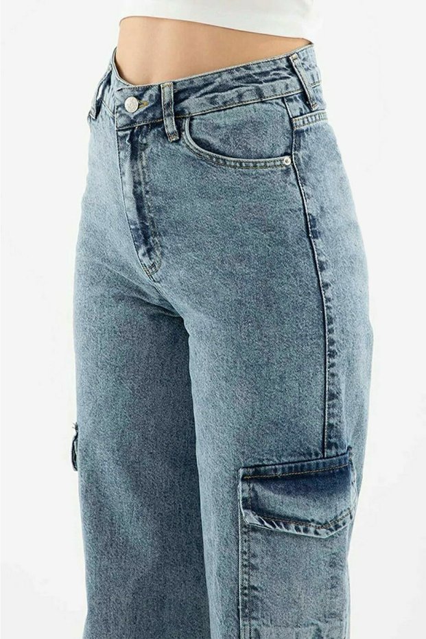 Antonina Medium Blue Snow Cargo Loose Back Pocketless Lycra Super High Waist Jean Trousers