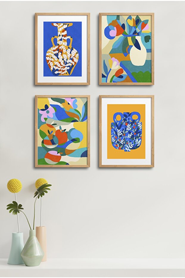 Natural Wood Framed Painting Set of 4 D-015