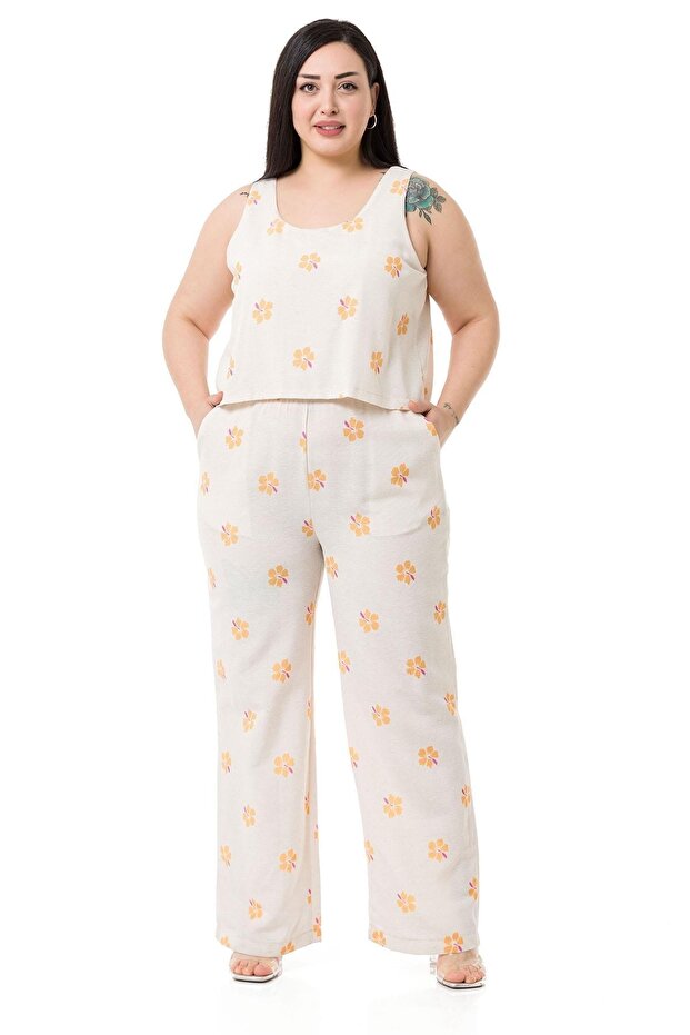 Plus Size Thick Strap Zippered Elastic Waist Yellow Floral Women's Jumpsuit