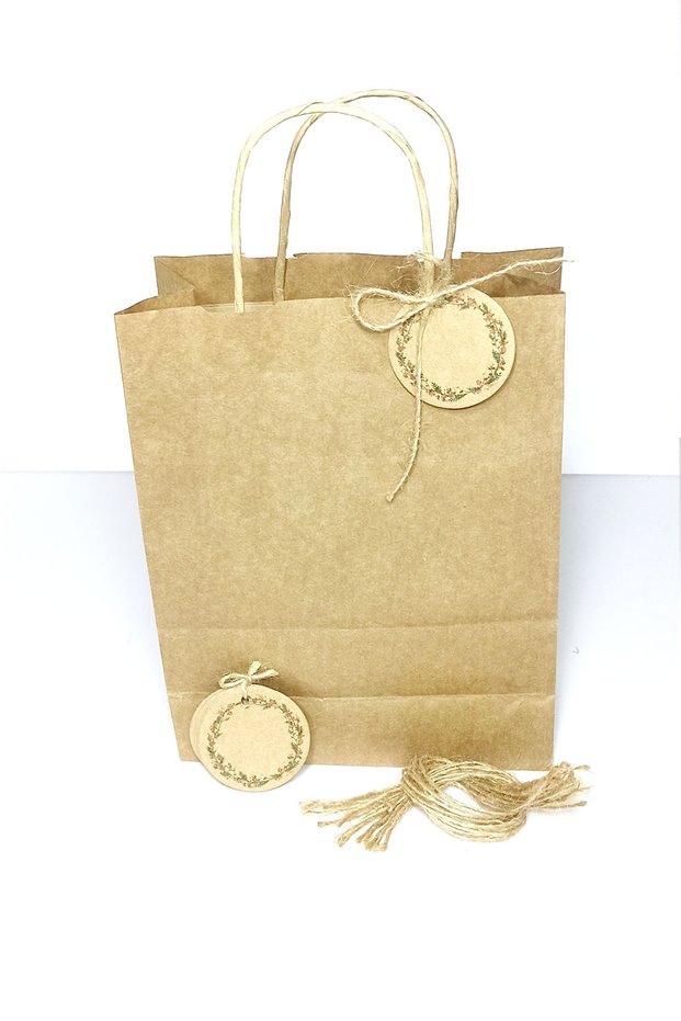 Kraft Label Flower Printed, Kraft Handle Bag, 12 Pieces Drawstring Gift Bag Set (22x18x8 Cm)