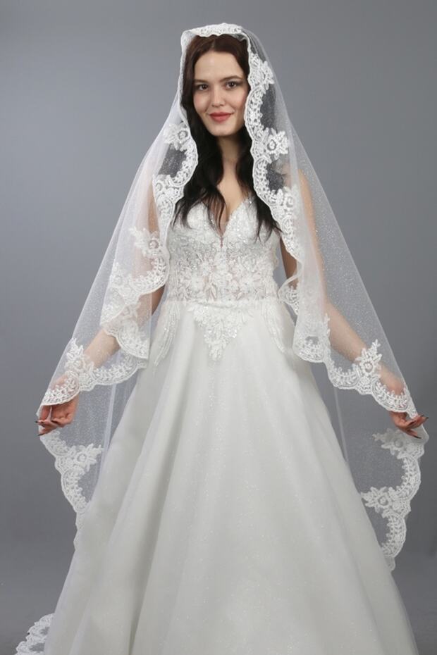 Long Wedding Veil Nun Model Silvery Tulle French Lace 3 Meters Long Off-White with Comb
