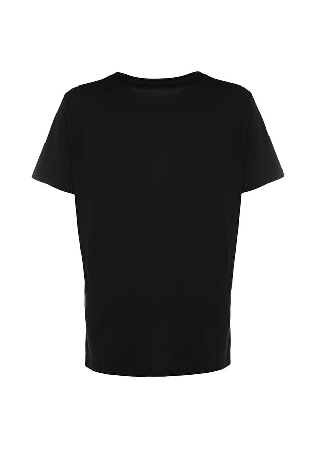 Siyah Relaxed Fit Slogan Baskılı Bisiklet Yaka %100 Pamuk Örme Büyük Beden T-Shirt TBBSS23BF00022 - 8