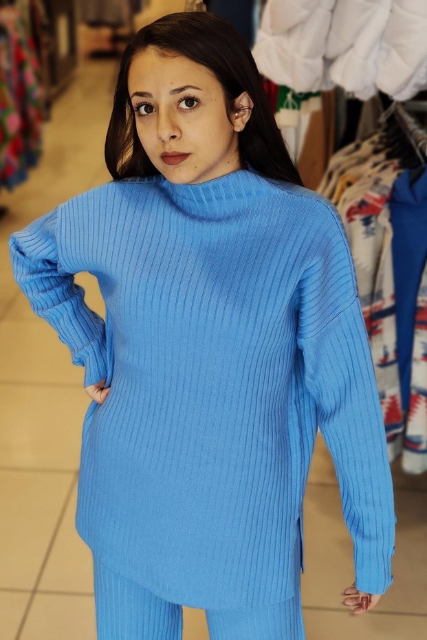 Button Detailed Corded Knitwear Set Light Blue