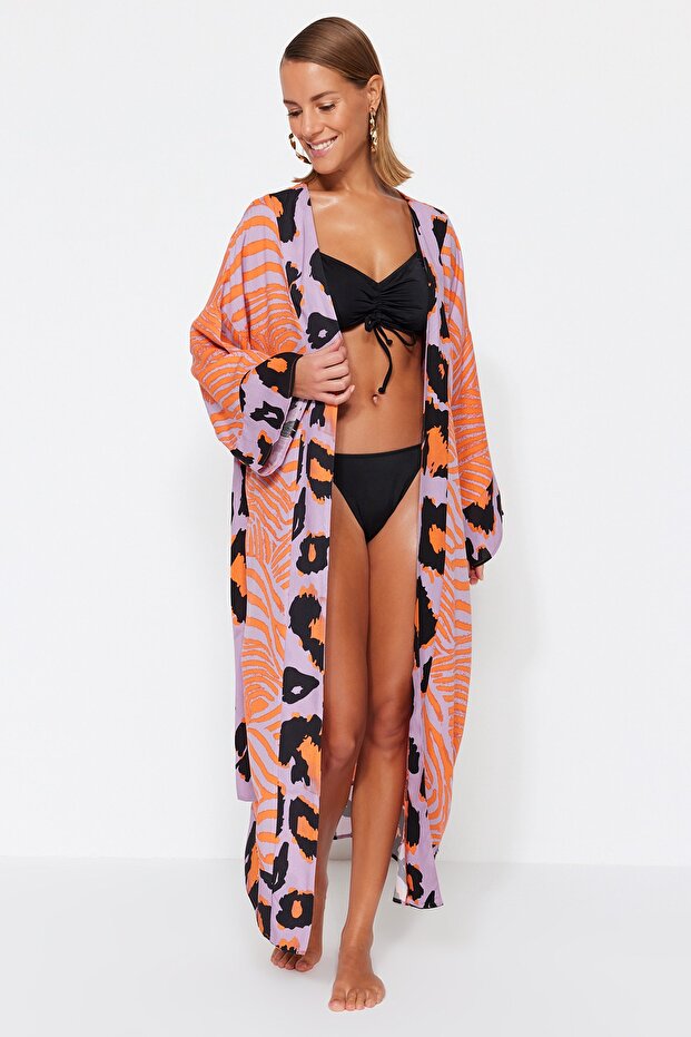Leopar Desenli Dokuma Maxi Plaj Kuşaklı Kimono&Kaftan TBESS21KM0171