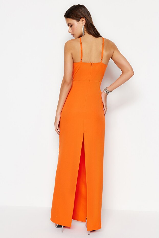 Tkané dlouhé večerní šaty s oranžovou podšívkou TPRSS23AE00151 - 3