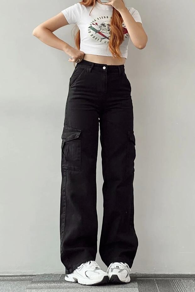 Alya Black Cargo Loose Back Pocketless Lycra Super High Waist Jean Trousers
