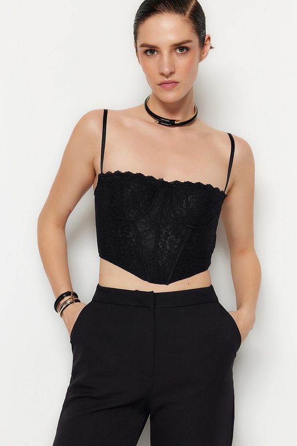Siyah Crop Astarlı Korse Detaylı Agraflı Örme Dantel Büstiyer TPRAW23BS00062 - 3