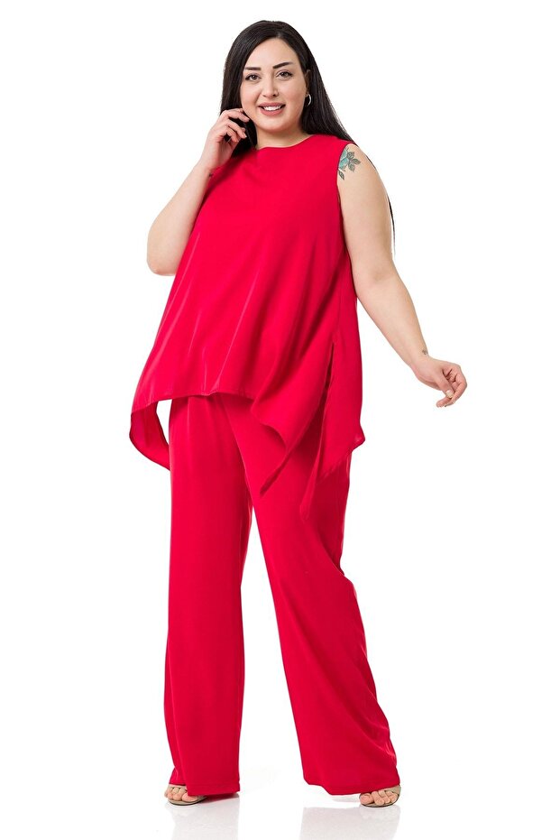 Plus Size Blouse Trousers Red Set