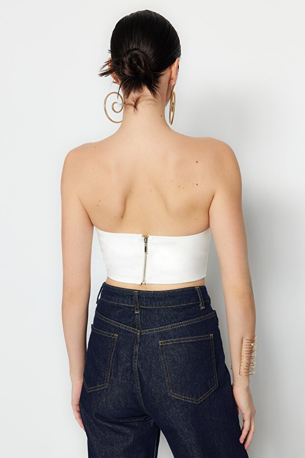 Beyaz Crop Astarlı Korse Detaylı Dokuma Büstiyer TPRSS21BS0032 - 7