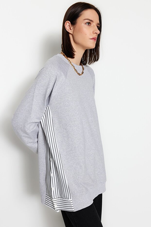 Gray Oversize Woven Piece Knitted Tunic Tctss23Uk00092 - 1
