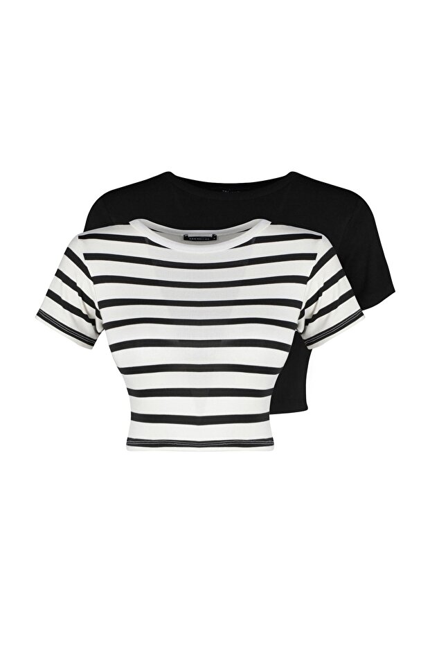 Siyah-Ekru Siyah Çizgili 2'li Paket Viskoz/Yumuşak Kumaş Crop Esnek Örme Bluz TWOSS23BZ00194 - 6