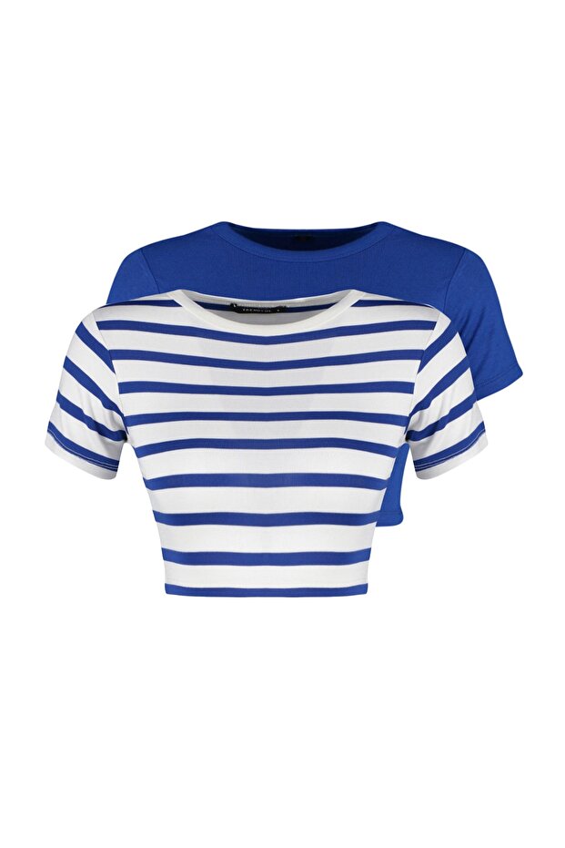 Saks-Ekru Saks Çizgili 2'li Paket Viskoz/Yumuşak Kumaş Crop Esnek Örme Bluz TWOSS23BZ00194 - 6