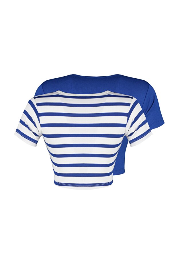 Saks-Ekru Saks Çizgili 2'li Paket Viskoz/Yumuşak Kumaş Crop Esnek Örme Bluz TWOSS23BZ00194 - 8