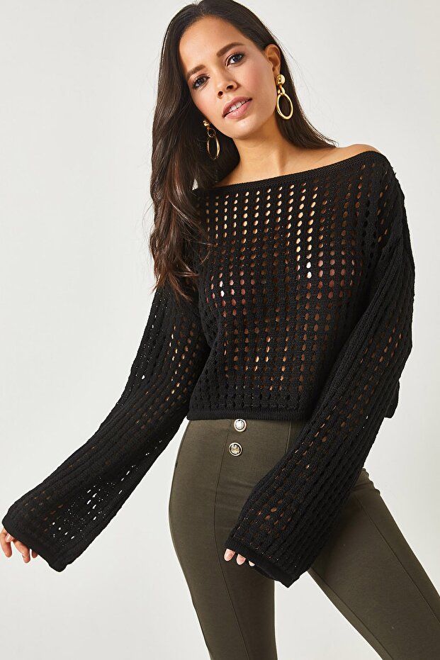 Women's Black Spanish Sleeve Openwork Crop Knitwear Blouse BLZ-19002176