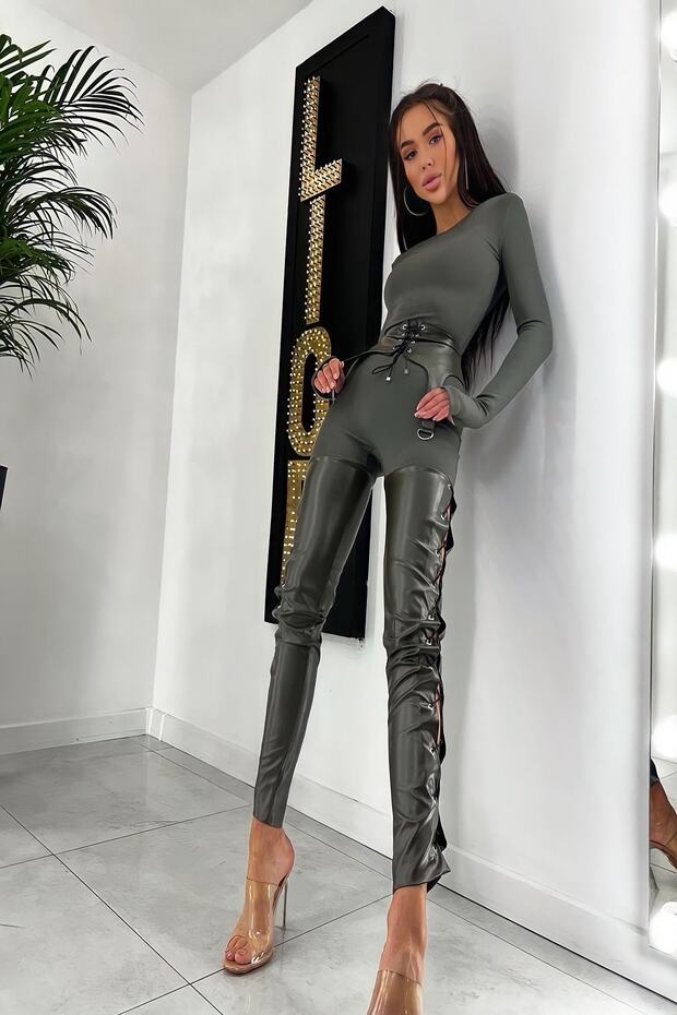 Leather Jumpsuit with Leg Detail, Belt, Drawstring, Long Sleeves and Finger Detail
