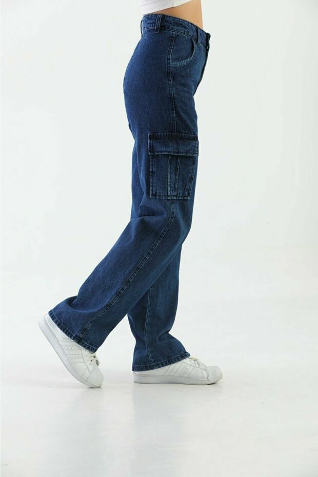 Catina Hot Dark Blue Blue Back Pocketless Cargo Pocket Loose Lycra High Waist Jeans