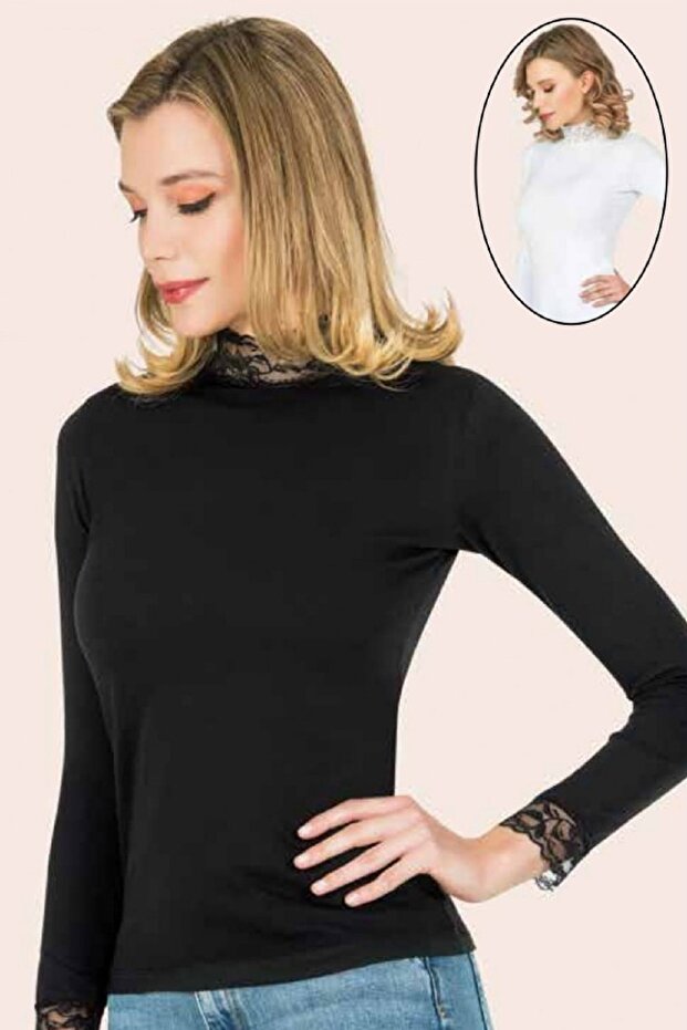 3 Pieces Lace Detailed Turtleneck Long Sleeve T-shirt 92% Cotton, 8% Elastane