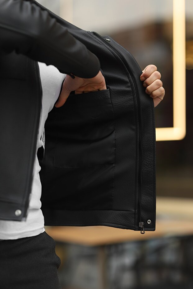 Men's Black Leather Jacket - 5