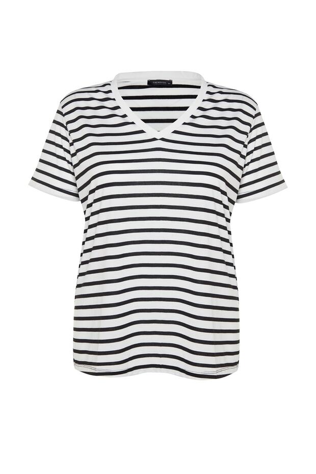 Siyah-Beyaz Çizgili V -Yaka Örme T-shirt TBBSS23BF00016 - 6