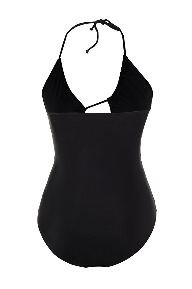 Siyah Cut Out Detaylı Boyundan Bağlamalı Büyük Beden Mayo TBBSS23AM00016 - 9
