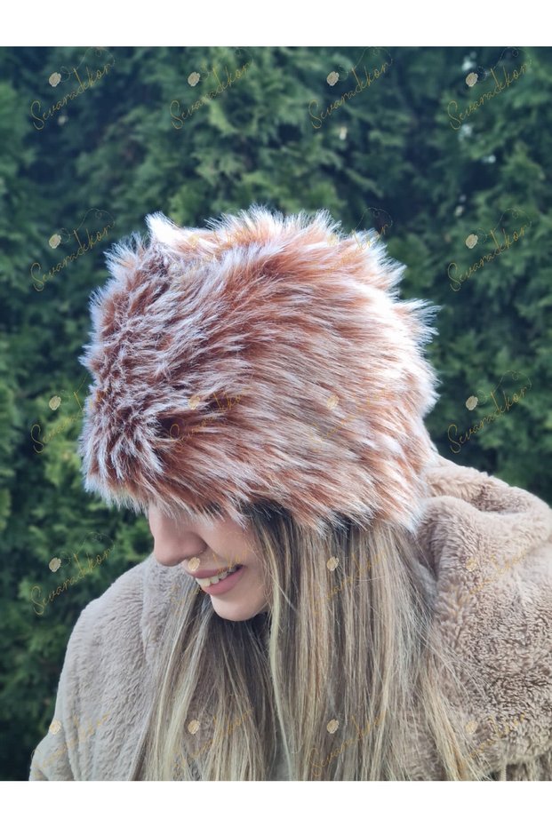 Faux Fur Women's Kalpak Feather Plush Snow Hat Beanie Brick White Melted Women's Beret