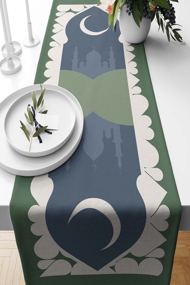 رانر طاولة رمضاني بنقشة خضراء، من قماش شمواه منسوج، مقاس 140×40 سم - Ramadan Kareem