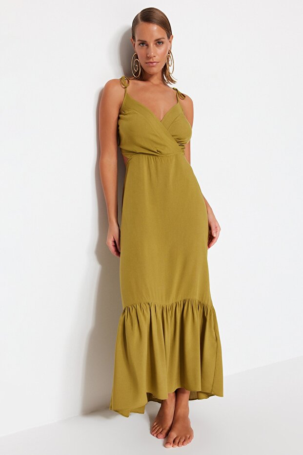 Khaki Maxi Woven Cut Out/Window Beach Dress TBESS23EL00085