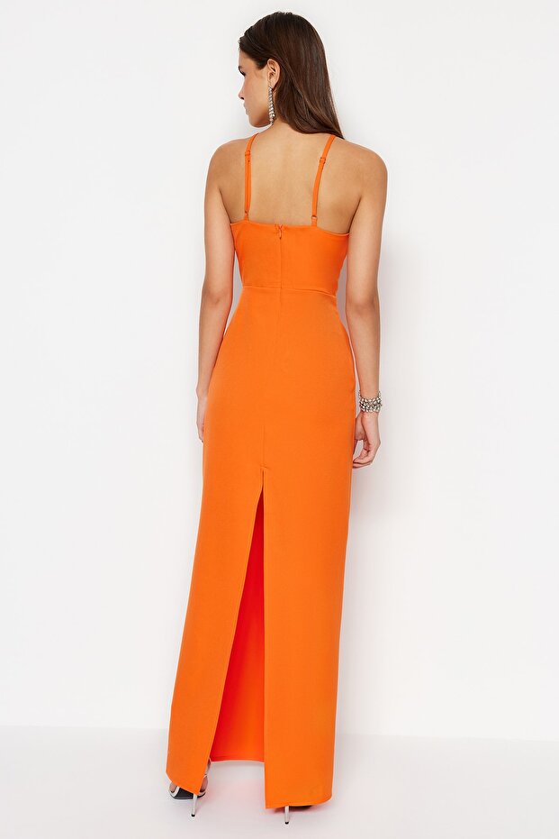 Tkané dlouhé večerní šaty s oranžovou podšívkou TPRSS23AE00151 - 6