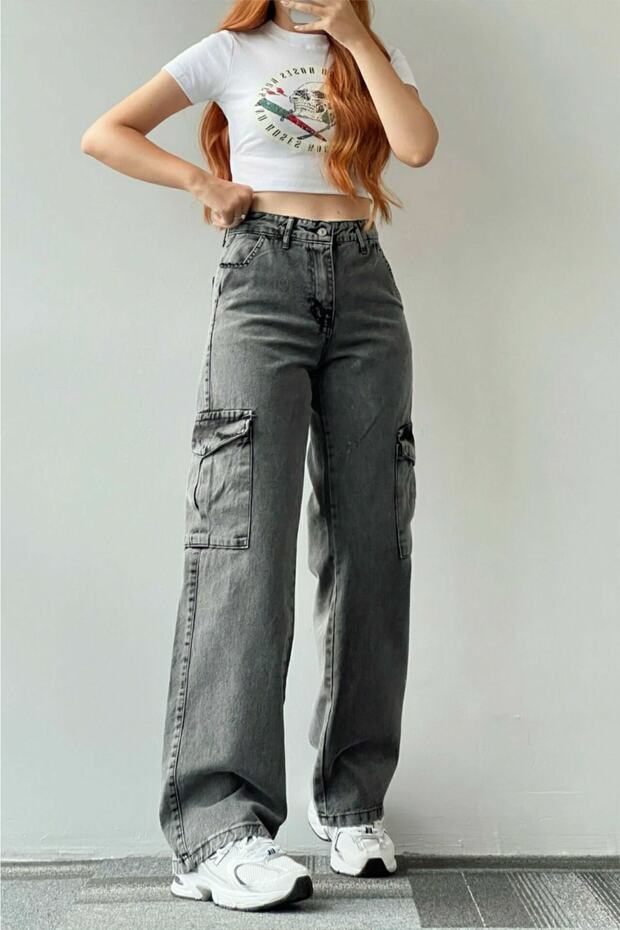 Smoked Snow Cargo Loose No Back Pocket Lycra Super High Waist Jean Trousers
