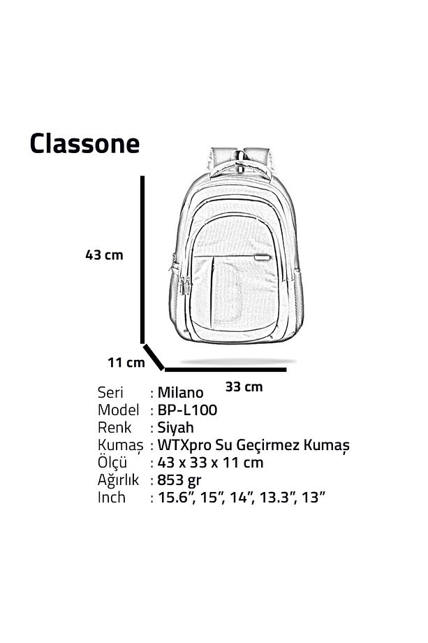 BP-L100 Milano Serisi " WTXpro Su Geçirmez Kumaş 15,6" Notebook, Laptop Sırt Çantası - Siyah - 5
