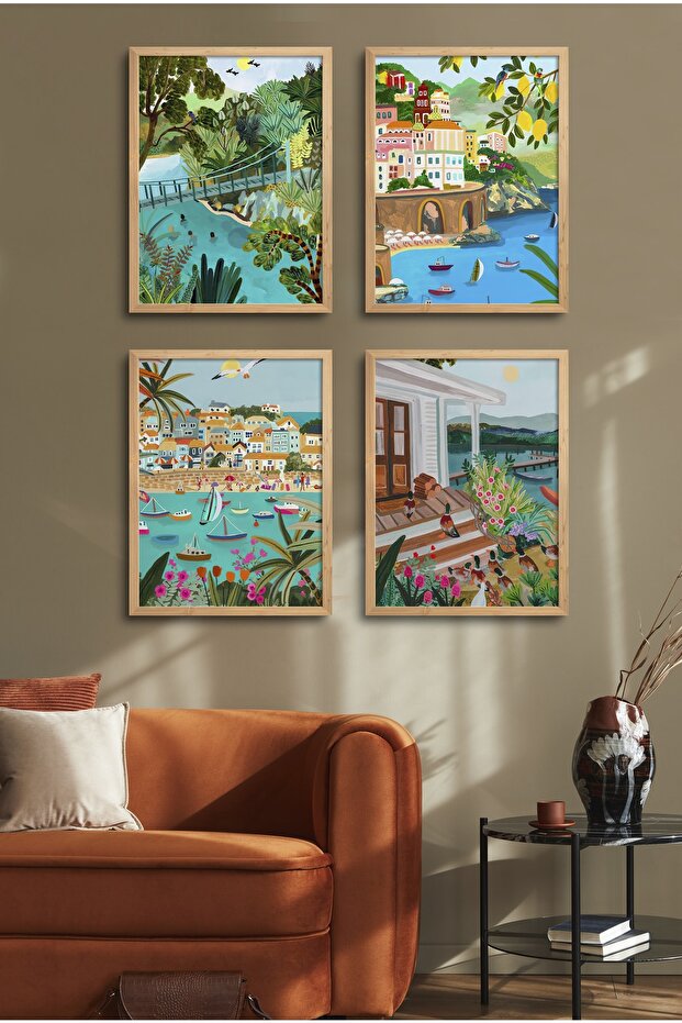 Natural Wood Framed Painting Set of 4 D-025