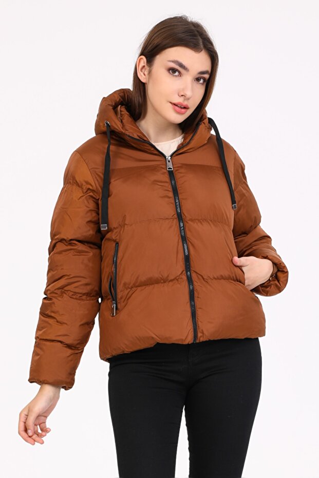 Kadın Bakır Kapüşonlu Şişme Mont - 1