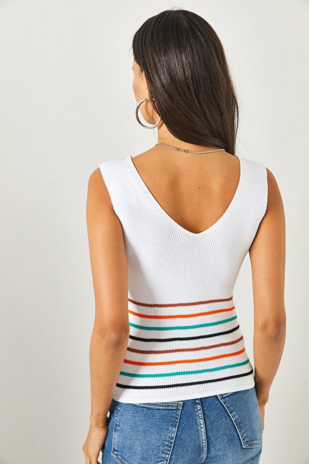 Women's Ecru Color Striped Front Back V Knitwear Blouse BLZ-19002175 - 5