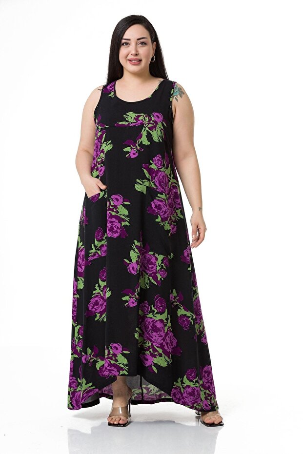 Large Size Thick Sling Bag Pocket Lilac Floral Long Viscose Dress