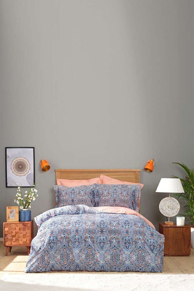 Evan Indigo Double 100% Cotton Satin Duvet Cover Set