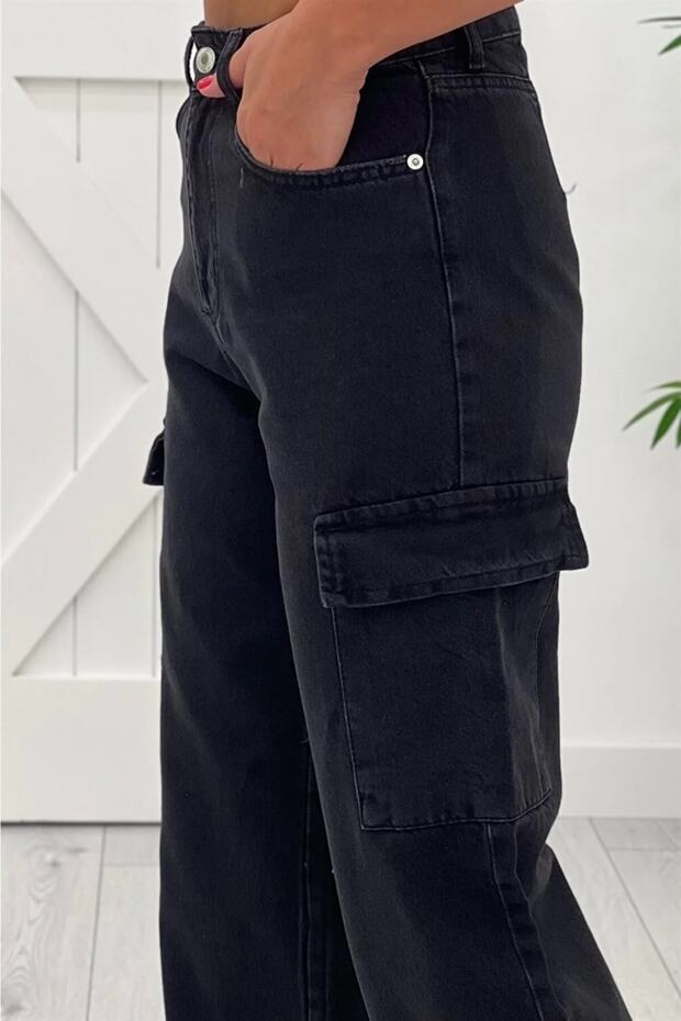 Cataniza Lycra 90's Black Snow Cargo Pocket No Back Pocket High Waist Wide Leg Denim Palazzo Trousers