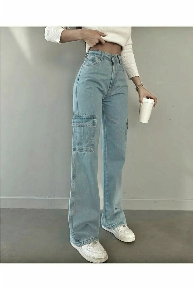 Lycra 90's Light Blue Cargo Pocket No Back Pocket High Waist Loose Leg Denim Denim Palazzo Trousers