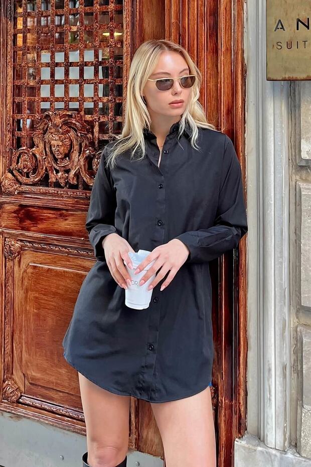 Schwarzes, großes, langes Basic-Damenhemd - 2