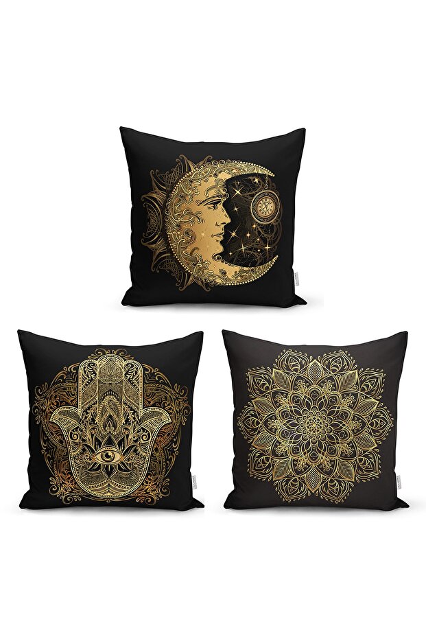 Set of 3 Throw Pillow Covers with Gold Mandala Drawing on Black Background