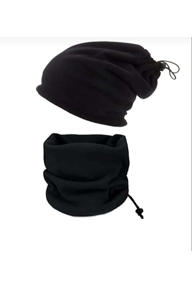 Unisex Fleece Neck Collar & Beret Set of 2, Single Size Black