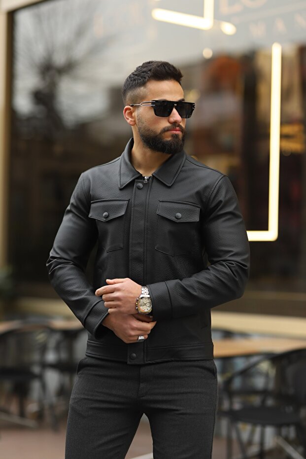 Men's Black Leather Jacket - 1