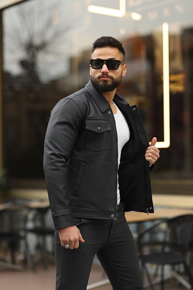 Men's Black Leather Jacket - 3