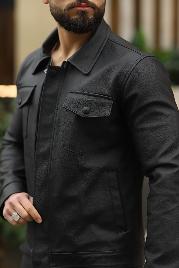 Men's Black Leather Jacket - 4