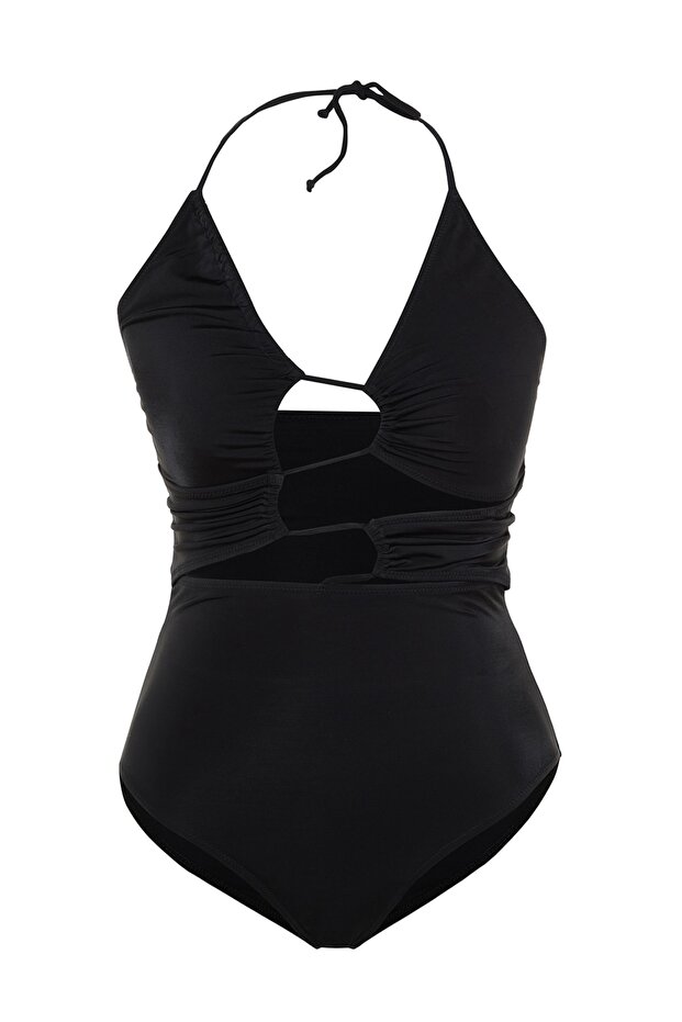 Siyah Cut Out Detaylı Boyundan Bağlamalı Büyük Beden Mayo TBBSS23AM00016 - 7