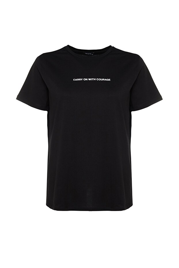 Siyah Relaxed Fit Slogan Baskılı Bisiklet Yaka %100 Pamuk Örme Büyük Beden T-Shirt TBBSS23BF00022 - 6